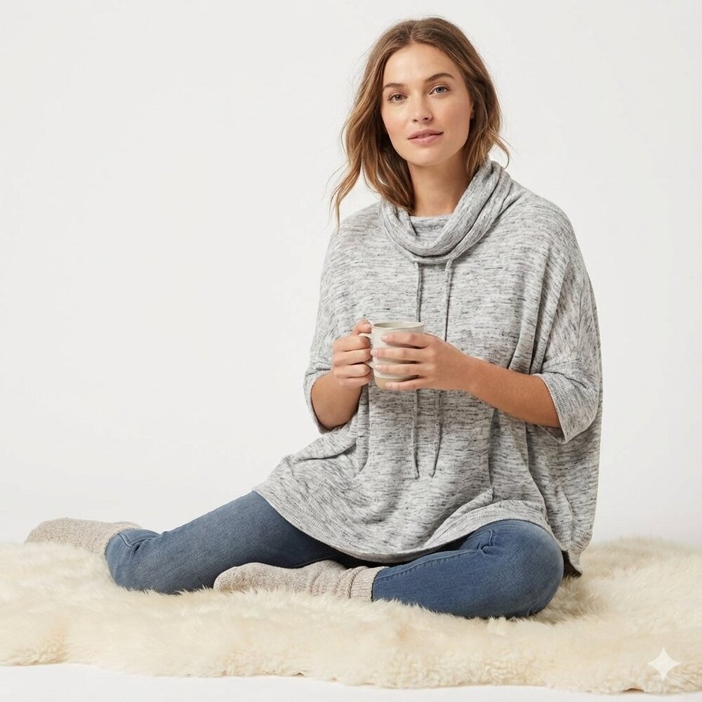 Talbots Womens Heather Gray Cowl Neck Poncho Sweater with Drawstrings Size XS/S